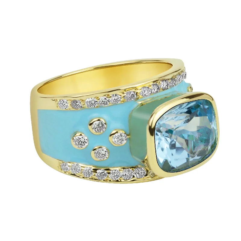 ladies-oval-silver-rings-Ring - Blue Topaz And Diamond (enamel)