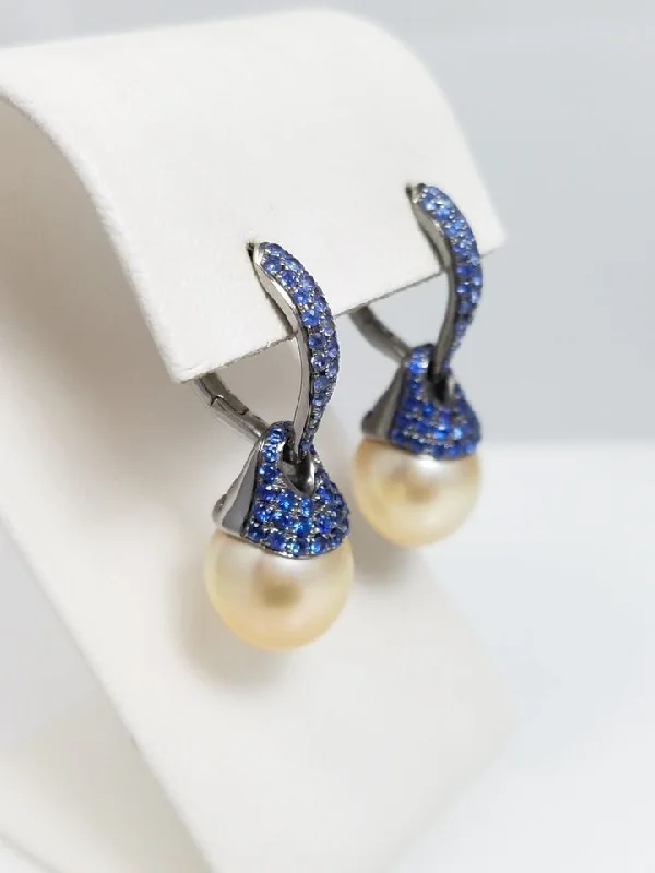 ladies-infinity-chandelier-earrings-Charming 18k White Gold Cultured Pearl Natural Sapphire Dangle Earrings