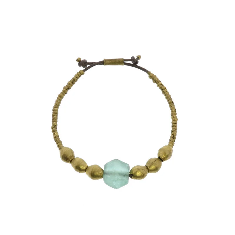 Ladies bracelets for roam elegance -Seaglass Beaded Brass Bracelet-Aqua