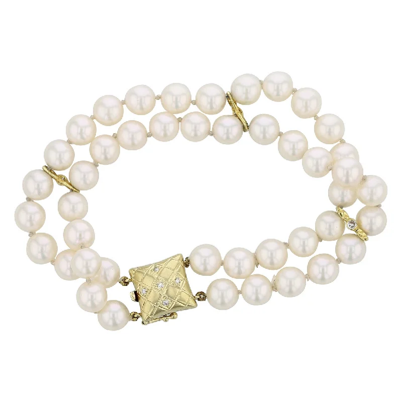 Ladies bracelets with den charm -14K 2-Row Cultured Pearl Bracelet with Diamonds