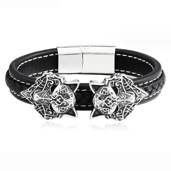 Ladies bracelets for show elegance -Double Viking Wolf Head Leather Bracelet