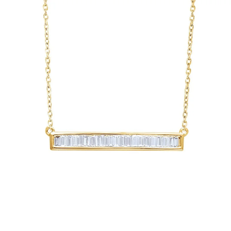 Ladies necklaces with subtle engravings -1/2 Ctw Diamond Baguette 28mm Bar 14k Yellow Gold Necklace, 16-18 Inch