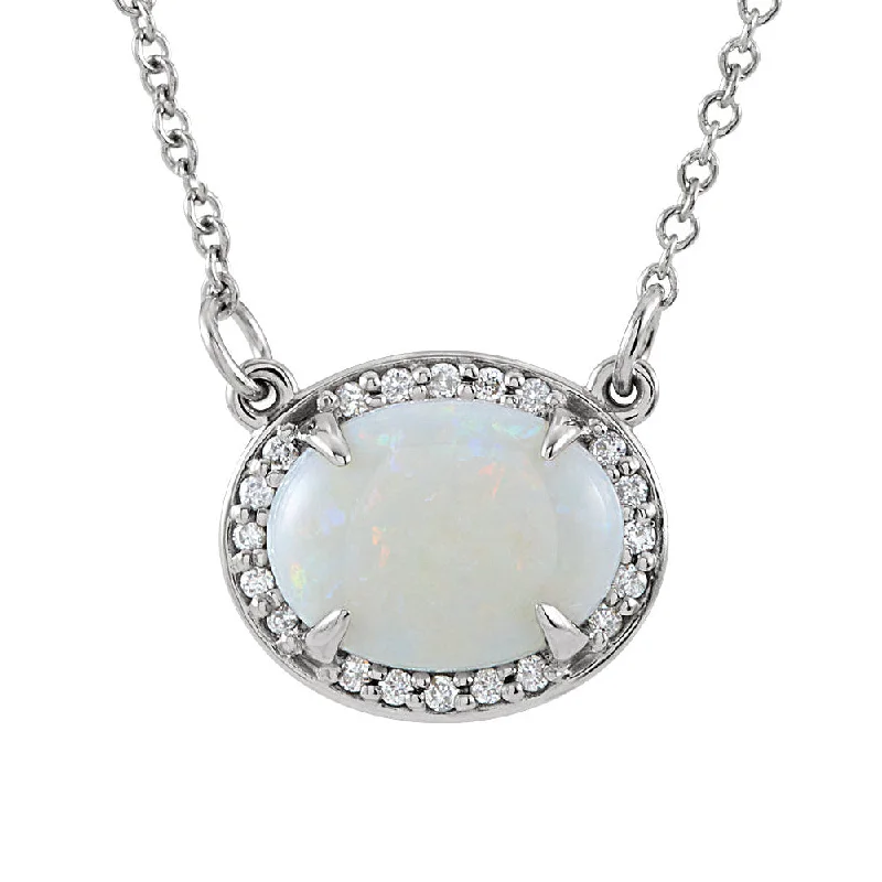 Ladies necklaces for fresh starts -Oval White Opal & .05 Ctw Diamond 14k White Gold Necklace, 16.5 Inch