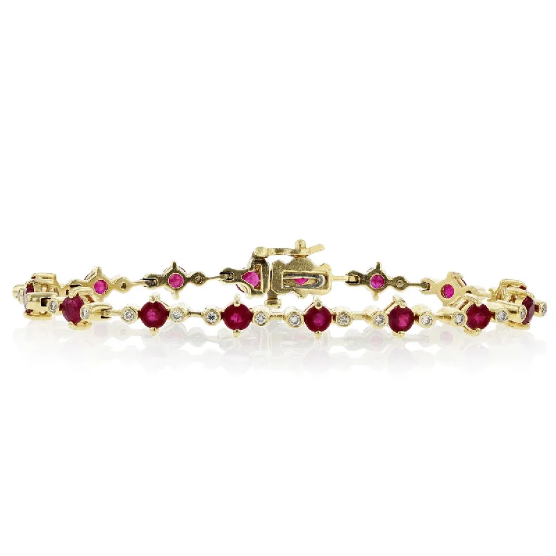 Ladies bracelets with frost emerald -14K Gold Ruby and Diamond Bezel-Set Bracelet