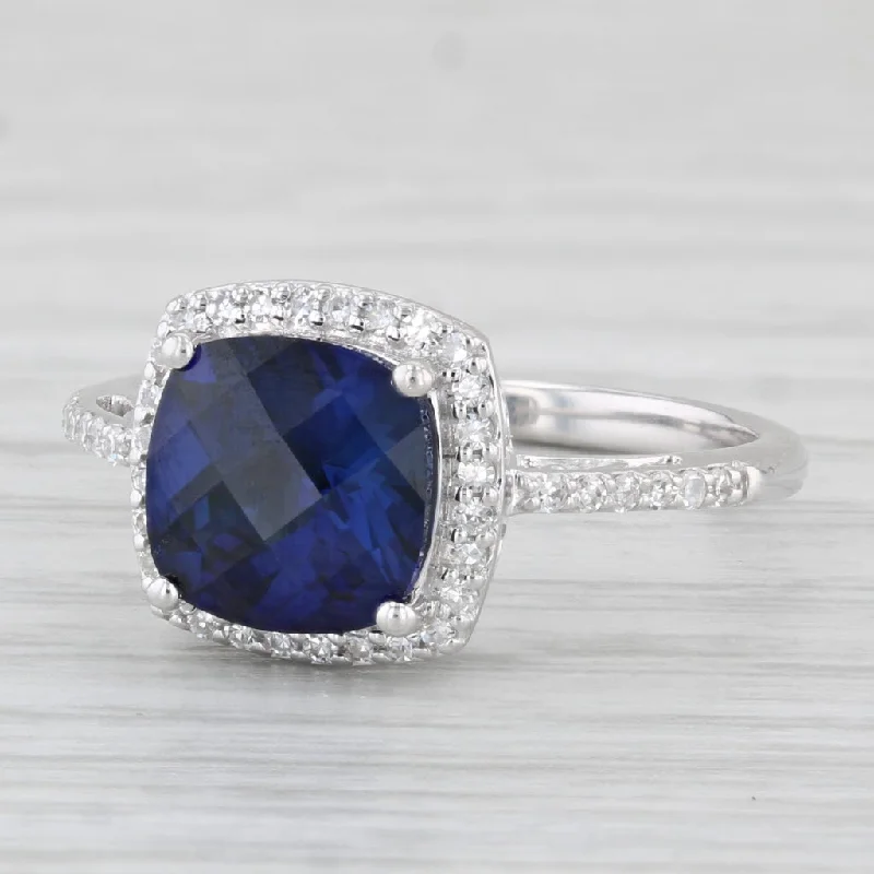 engagement-modern-rose-gold-rings-Lab Created Sapphire Diamond Halo Ring 14k White Gold Size 7 Engagement