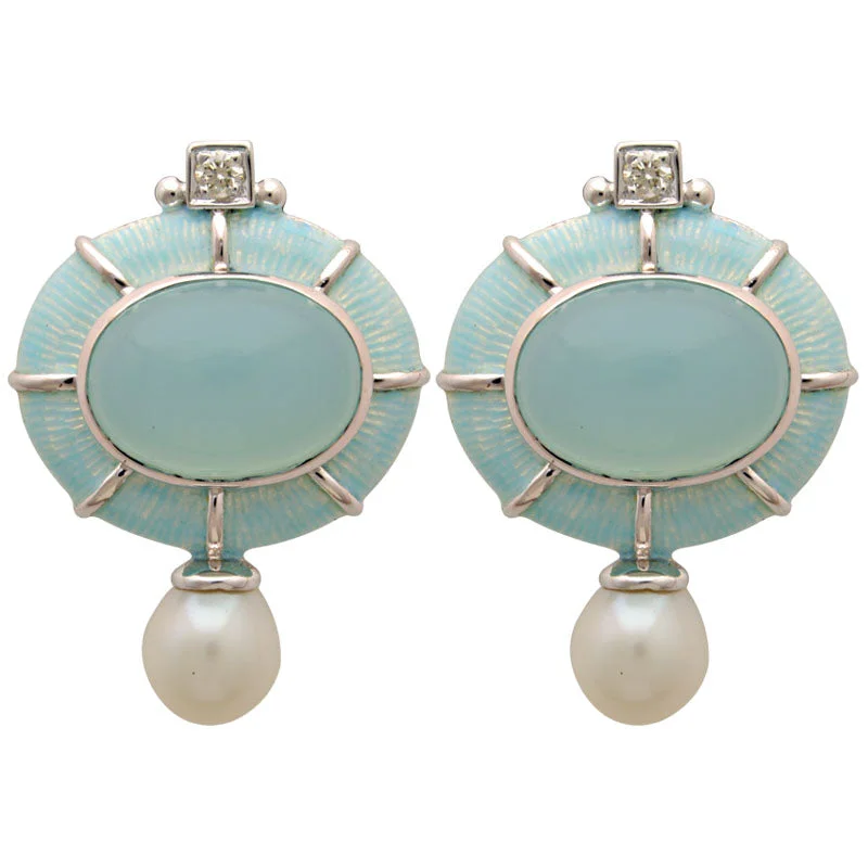 ladies-minimalist-diamond-earrings-Earrings-Chalcedony, Fresh Water Pearl and Diamond (Enamel)