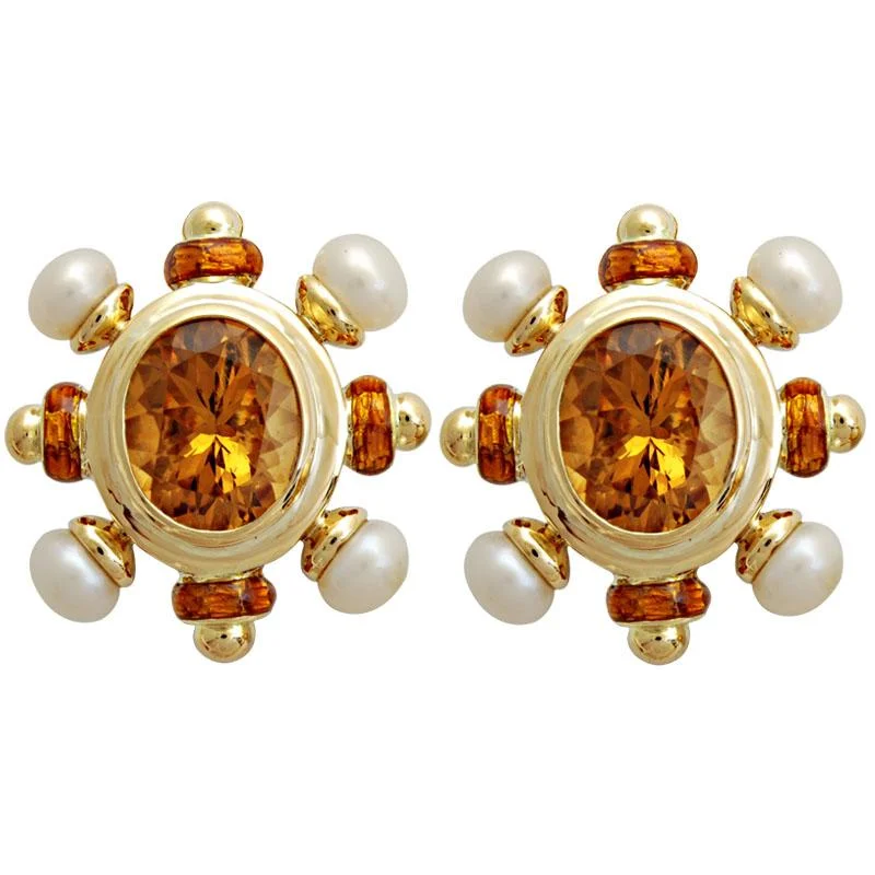 ladies-vintage-dangle-earrings-Earrings-Citrine and Pearl (Enamel)  (1666B)