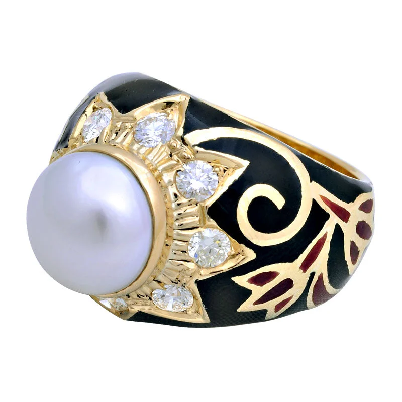 ladies-princess-cut-diamond-rings-Ring - South Sea Pearl and Diamond (Enamel)