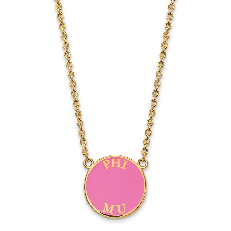 Ladies necklaces with indigo lapis -14K Plated Silver Phi Mu Large Pink Enamel Disc Necklace