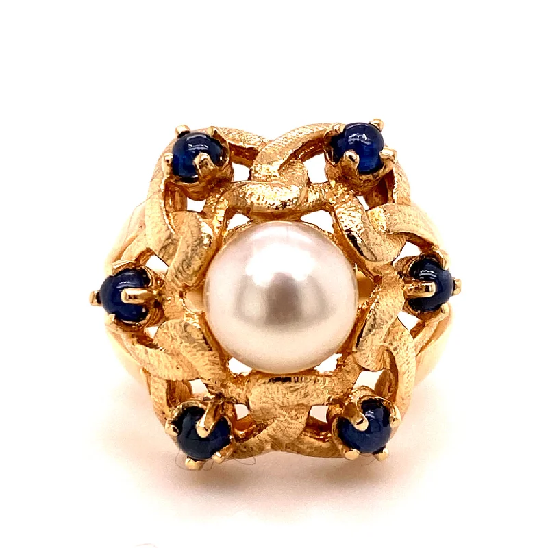 ladies-marquise-cut-gold-rings-Estate Pearl & Sapphire Ring in Yellow Gold