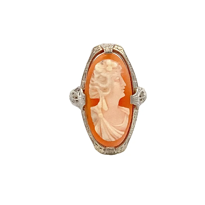 ladies-gold-cathedral-rings-Estate Vintage Shell Cameo Ring in White Gold