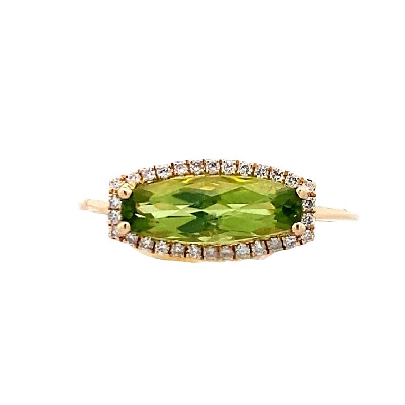 ladies-princess-cut-diamond-rings-Elongated Peridot and Diamond Ring in Yellow Gold