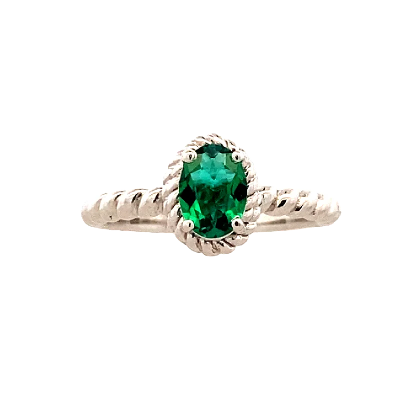 ladies-emerald-cut-rose-gold-rings-Created Emerald Halo Rope Ring in Silver