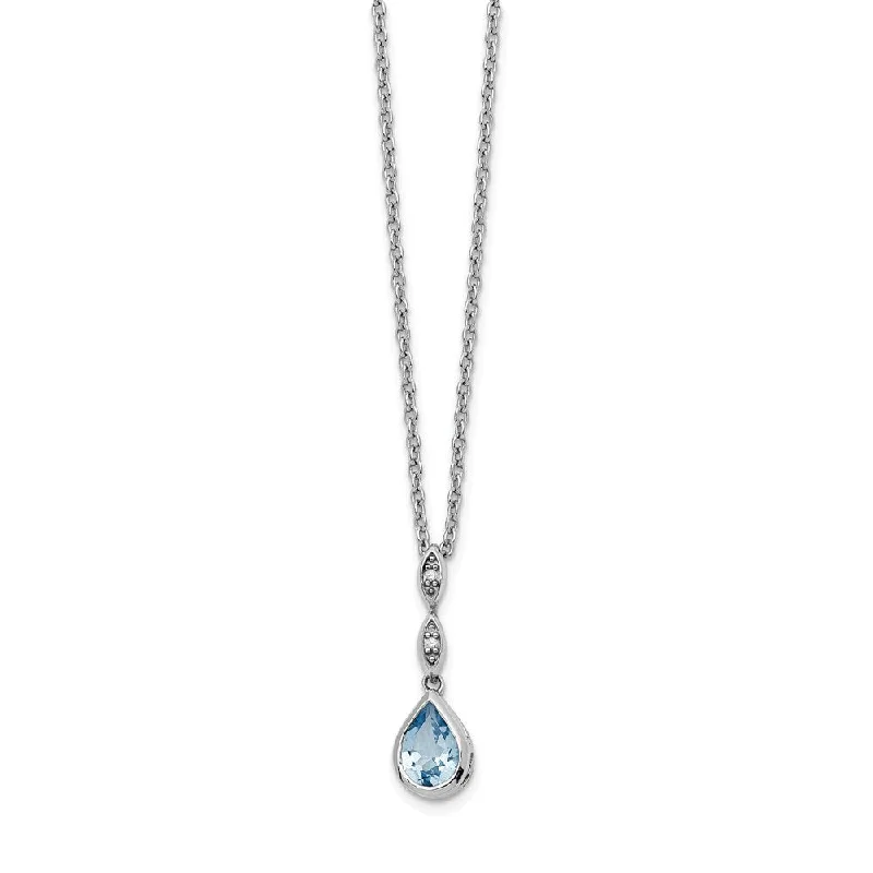 Ladies necklaces with teal amazonite -Blue Topaz Teardrop & Diamond Adj. Necklace in Rhodium Plated Silver