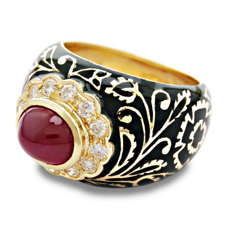 ladies-cushion-cut-platinum-rings-Ring-Ruby and Diamond (Enamel)