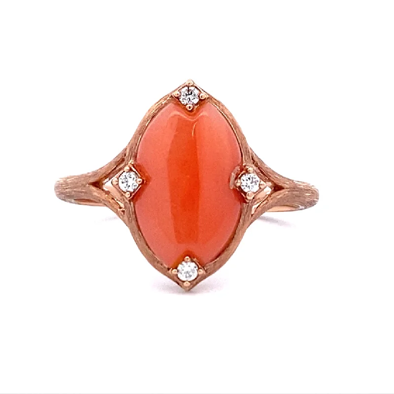 ladies-radiant-cut-rose-gold-rings-Peach Coral Oval Shaped Ring in Rose Gold by Kabana