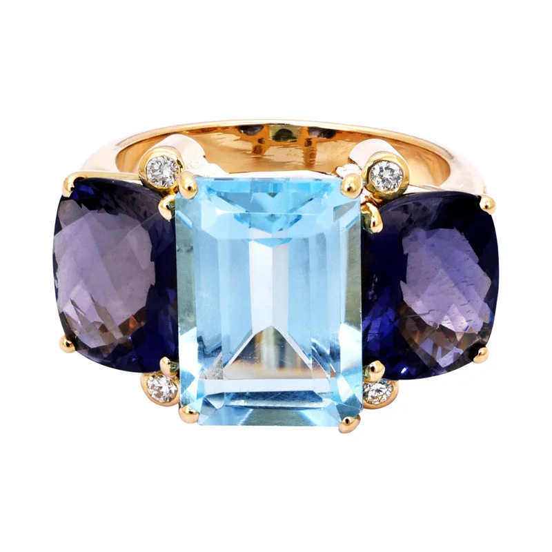 ladies-emerald-cut-rose-gold-rings-Ring- Blue Topaz, Iolite and Diamond