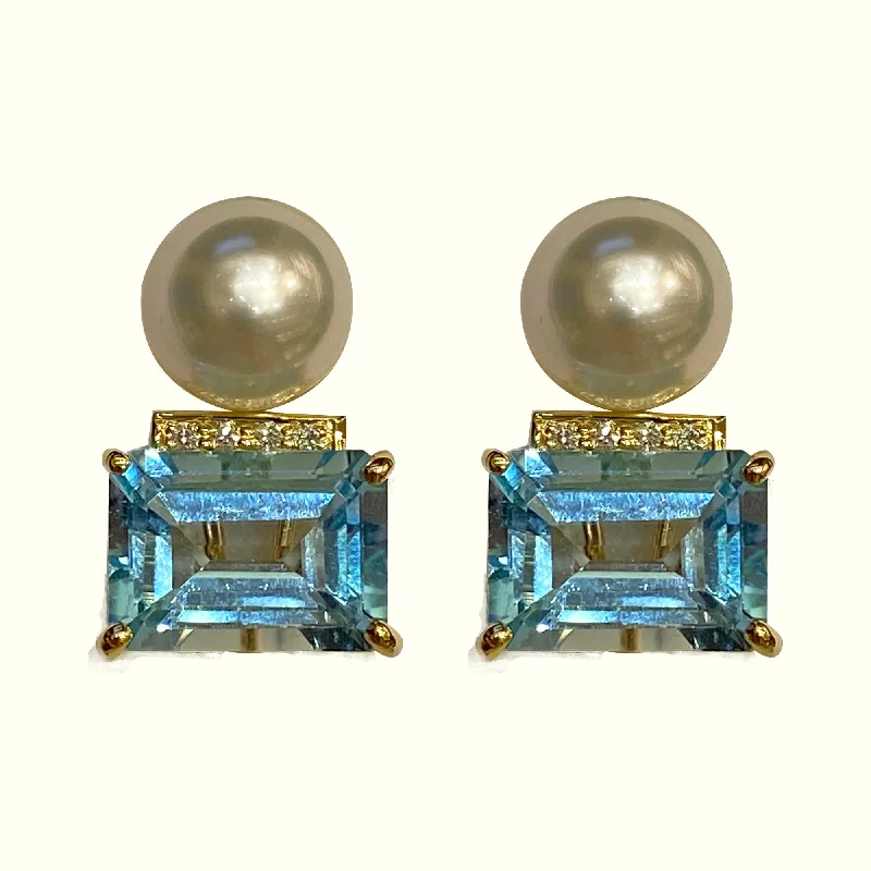 ladies-trendy-rose-gold-earrings-Earrings - Blue Topaz, South Sea Pearl and Diamond in 18k Gold