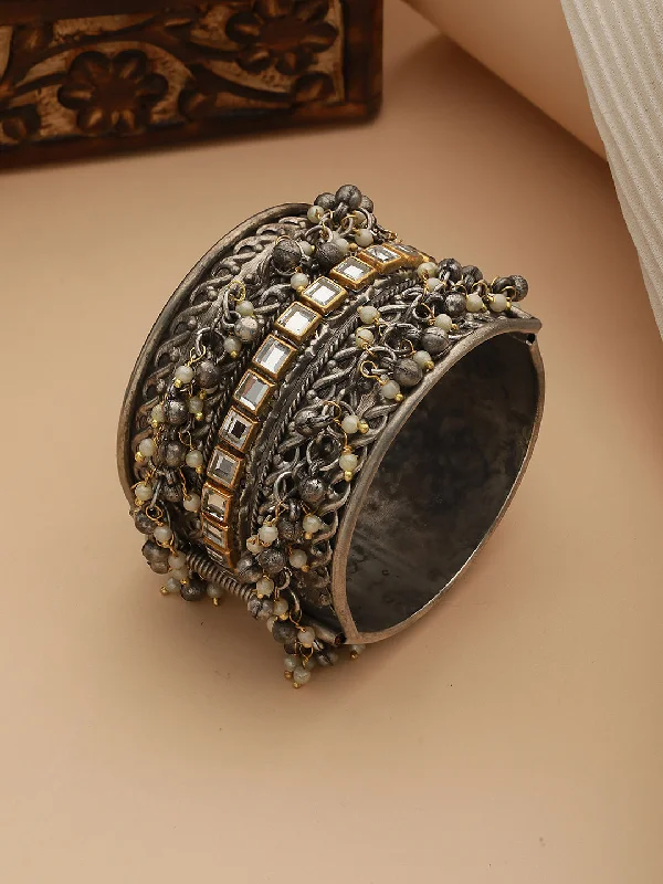 Ladies bracelets lively flair -Silver-Plated Oxidised Kundan Studded & Pearl Beaded Bangle-Style Bracelet