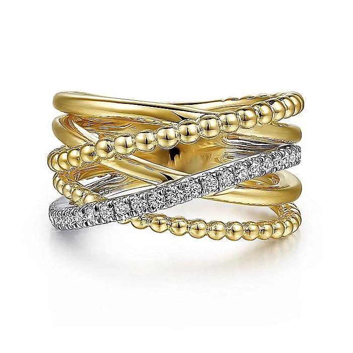 ladies-princess-cut-diamond-rings-Wide Diamond Bujukan Cross Over Ring in Yellow Gold by Gabriel & Co.