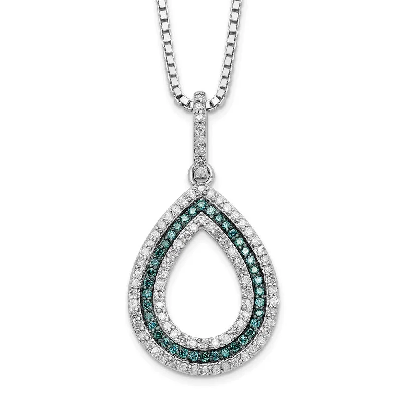 Ladies necklaces for digital charm -Blue & White Diamond Open Teardrop Necklace in Sterling Silver