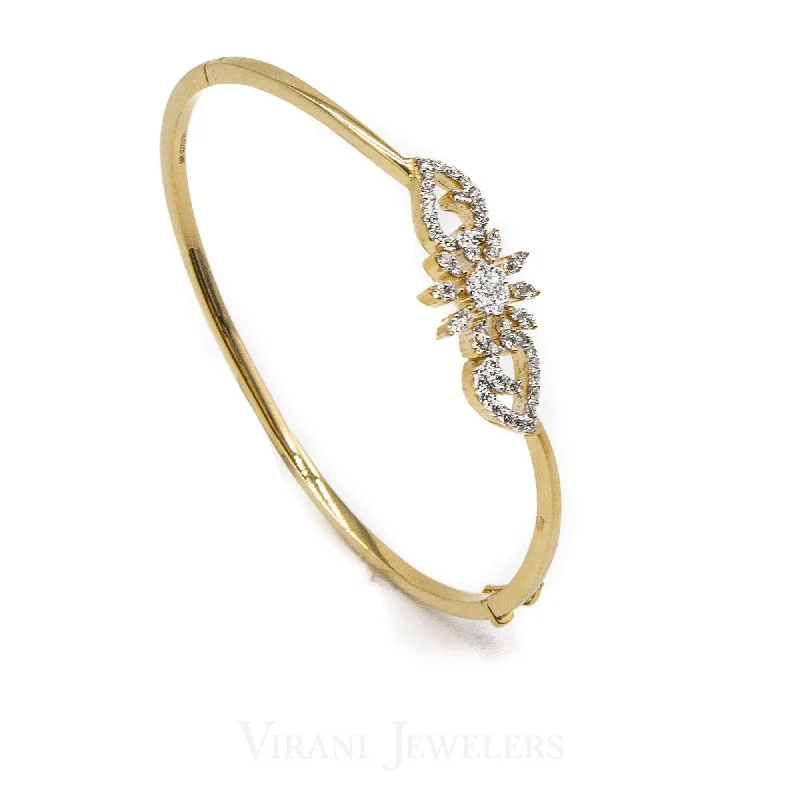 Ladies bracelets fine elegance -0.66CT Diamond Cuff Bracelet Set in 18K Yellow Gold W/ Centered Flower Design