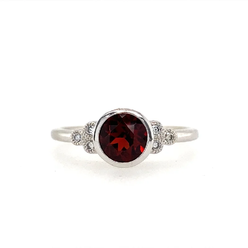 ladies-oval-platinum-rings-Vintage Inspired Garnet and Diamond Ring in White Gold by B&C