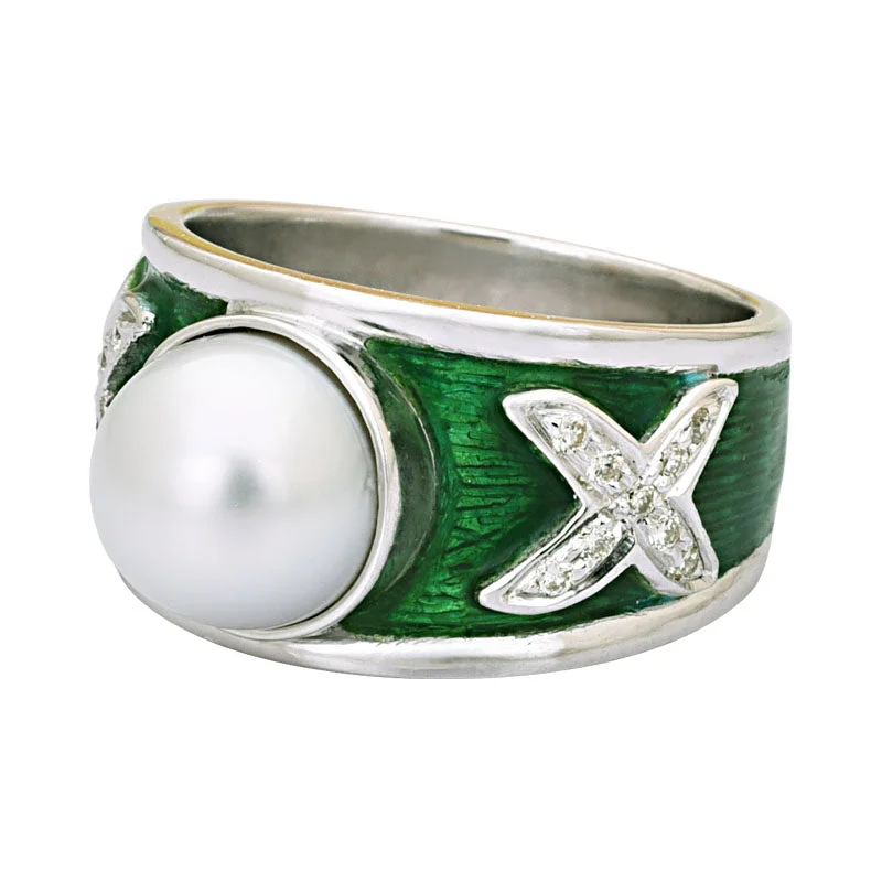 ladies-radiant-cut-emerald-rings-Ring-South Sea Pearl and Diamond (Enamel)