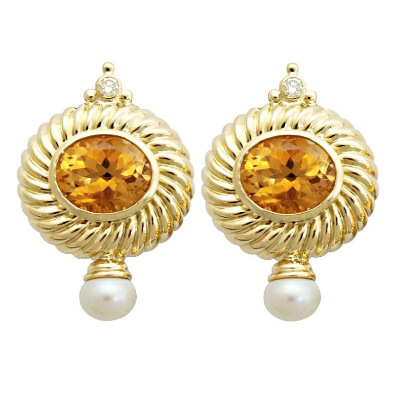 ladies-gemstone-chain-link-earrings-Earrings-Citrine, Pearl and Diamond  (1716E)