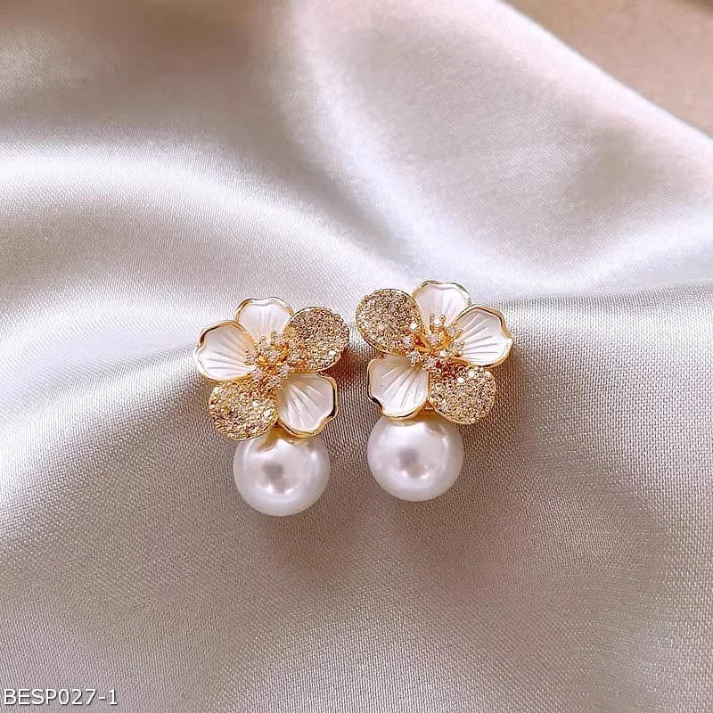 ladies-delicate-bar-drop-earrings-French luxury camellia pearl stud earrings