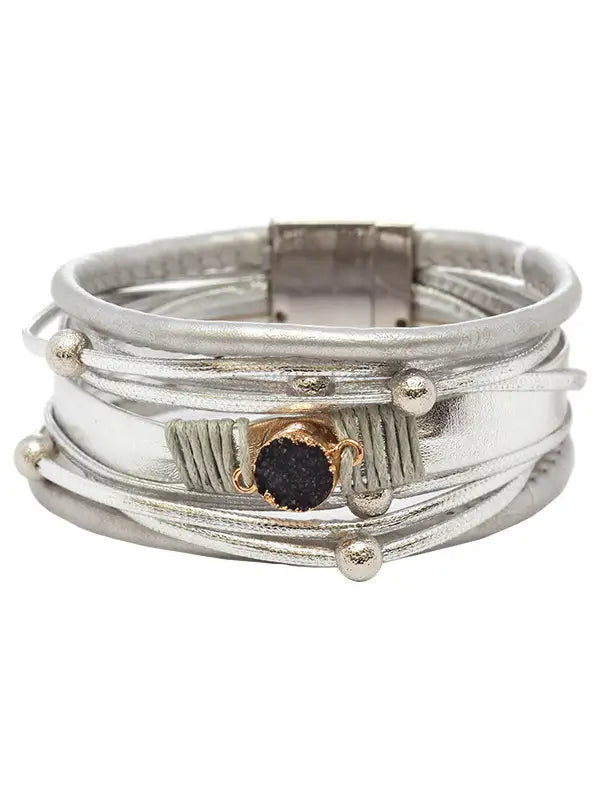 Ladies bracelets with jet sapphire -Druzy with leather bracelet