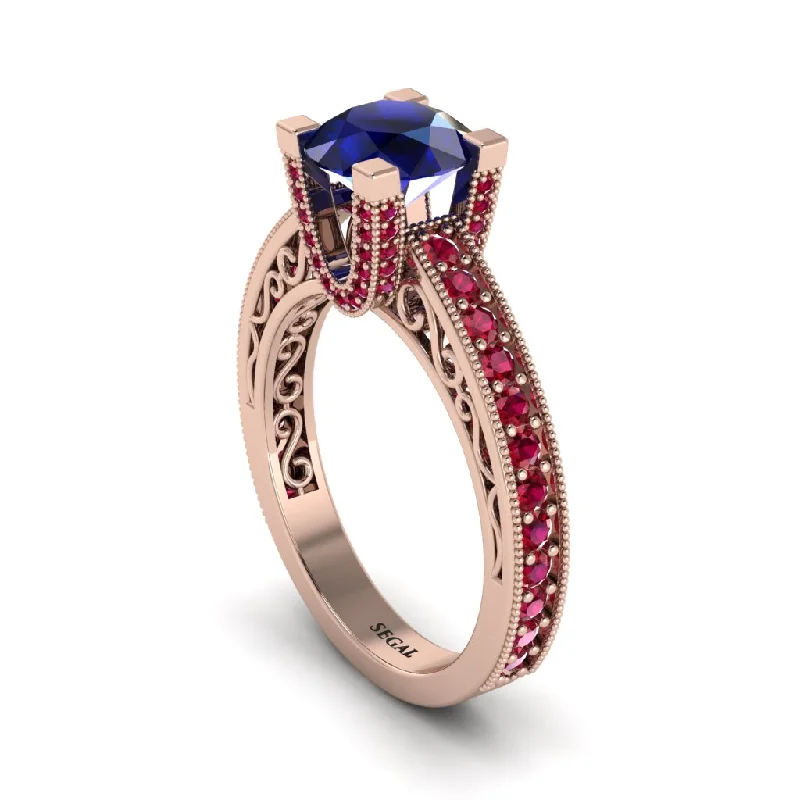 engagement-heart-tension-set-rings-Sapphire Scrollwork Vintage Filigree Engagement Ring - Abby No. 59