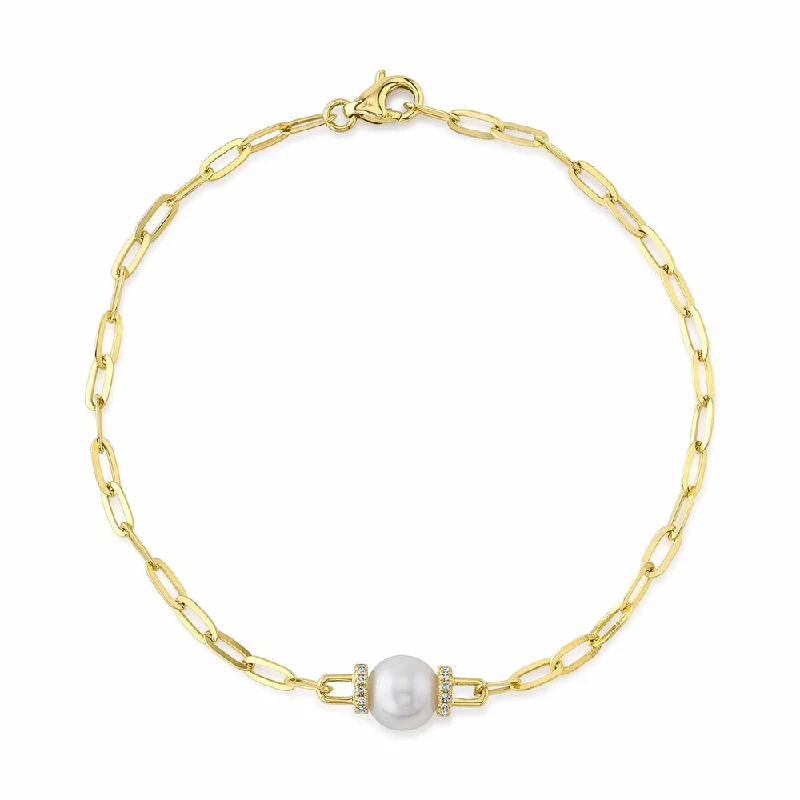 Ladies bracelets sleek charm -14K Yellow Gold Diamond and Cultured Pearl Paper Clip Link Bracelet